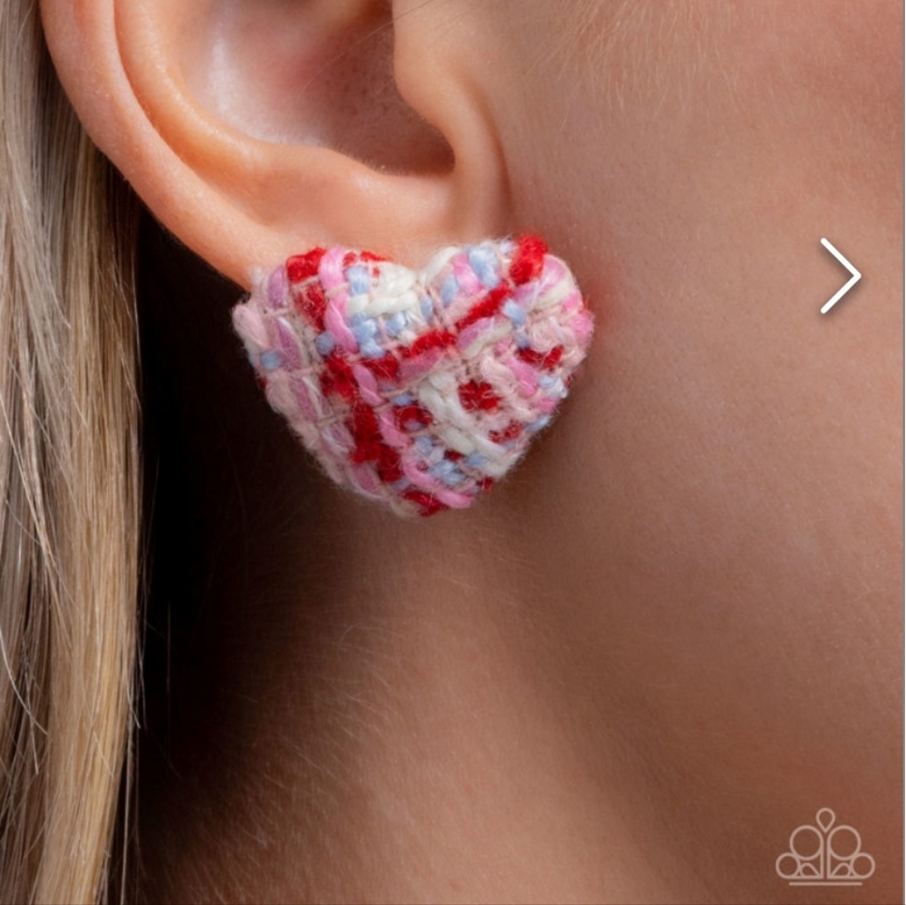 Sweetheart Stitching Tweed Yarn Earrings Pink Red crochet